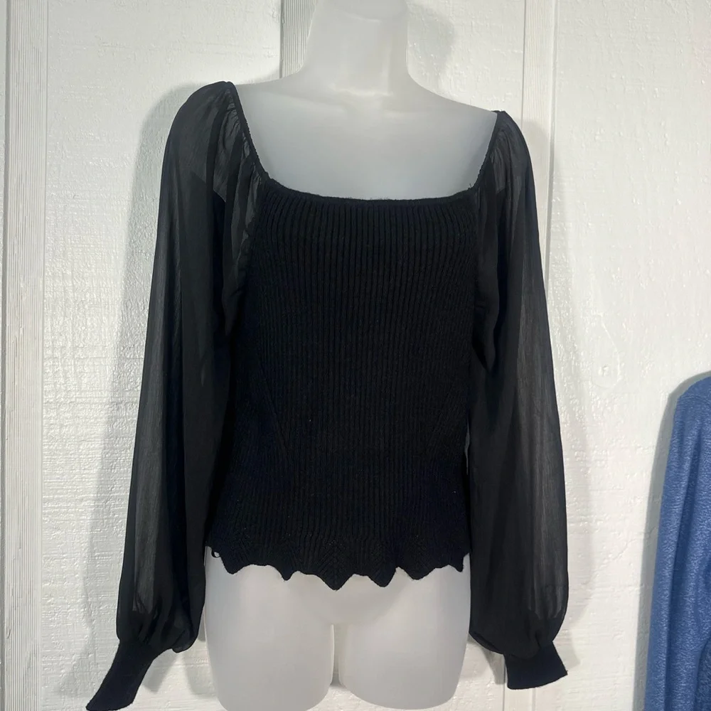 Sam Edelman Black Ribbed Shear Sleeve Sweater Size XL EUC